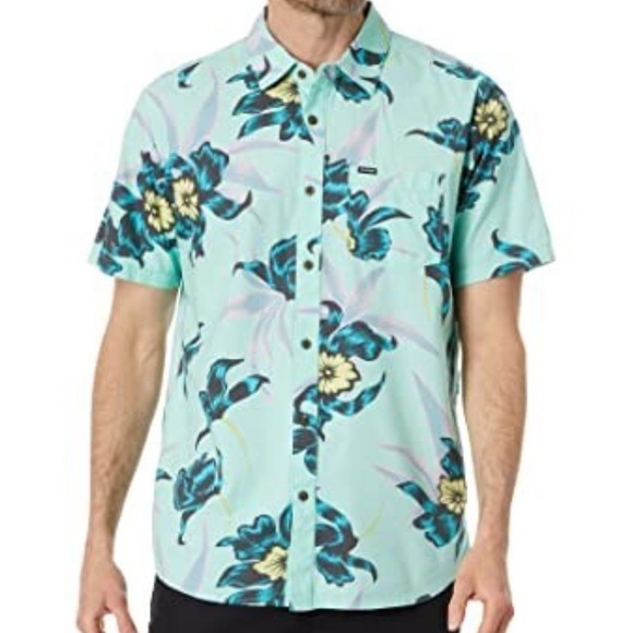 Volcom Men’s Teal Floral Island Time Classic Fit Short Sleeve Pocket Shirt | XL - Picture 1 of 12